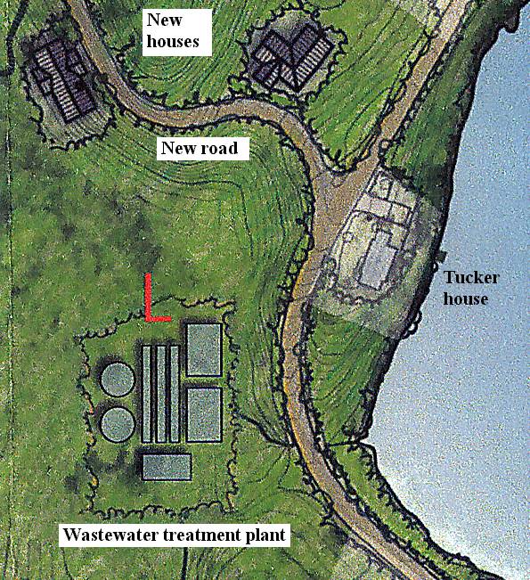 Segment of HRVR concept drawing, showing Tucker / Peck house across road from new housing road and wastewater treatment plant.